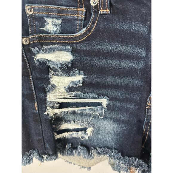 American Eagle Hi Rise Shortie Blue Denim Shorts 2" Stretch Womens 6 Distressed - Picture 2 of 7